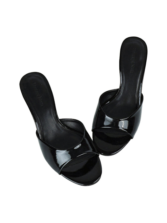 Patent Open-Toe Kitten-Heel Mules
