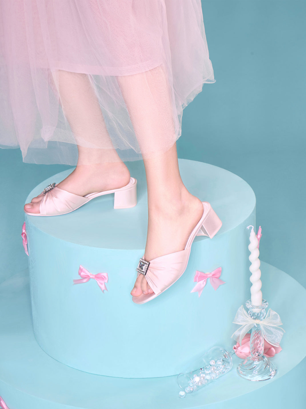 Pink Satin Crystal-Buckle Heel Slides