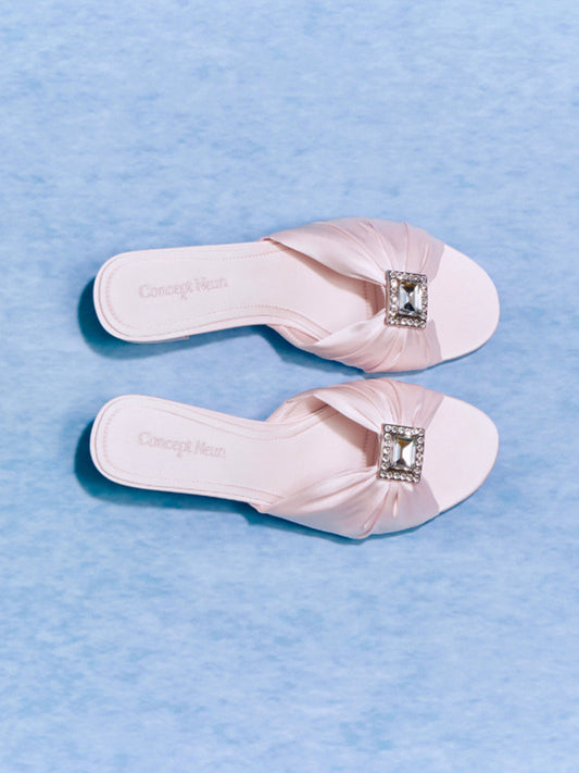 Pink Satin Crystal-Buckle Heel Slides