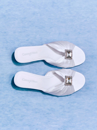 Pink Satin Crystal-Buckle Heel Slides