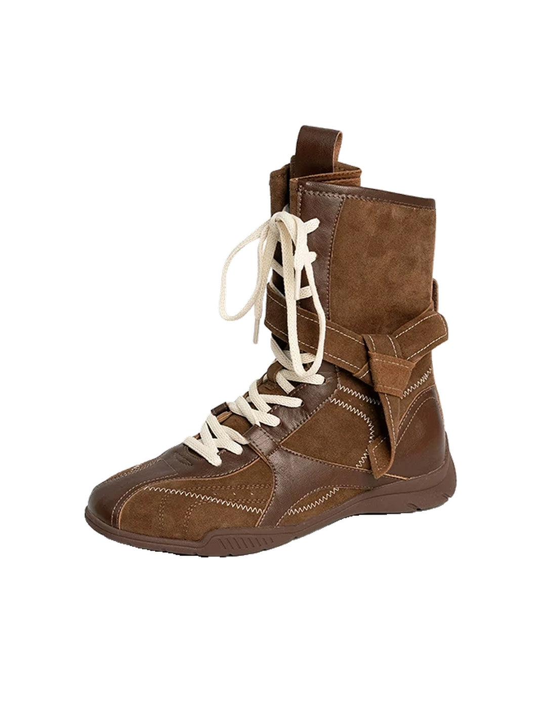 Contrast-Stitch Leather Mid-Calf Lace-Up Boots