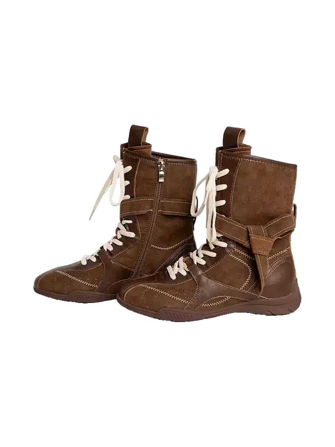 Contrast-Stitch Leather Mid-Calf Lace-Up Boots