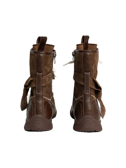Contrast-Stitch Leather Mid-Calf Lace-Up Boots