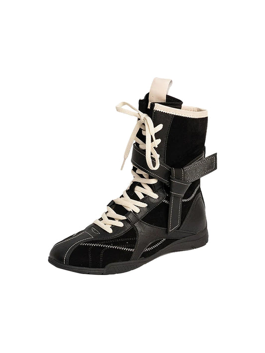 Contrast-Stitch Leather Mid-Calf Lace-Up Boots