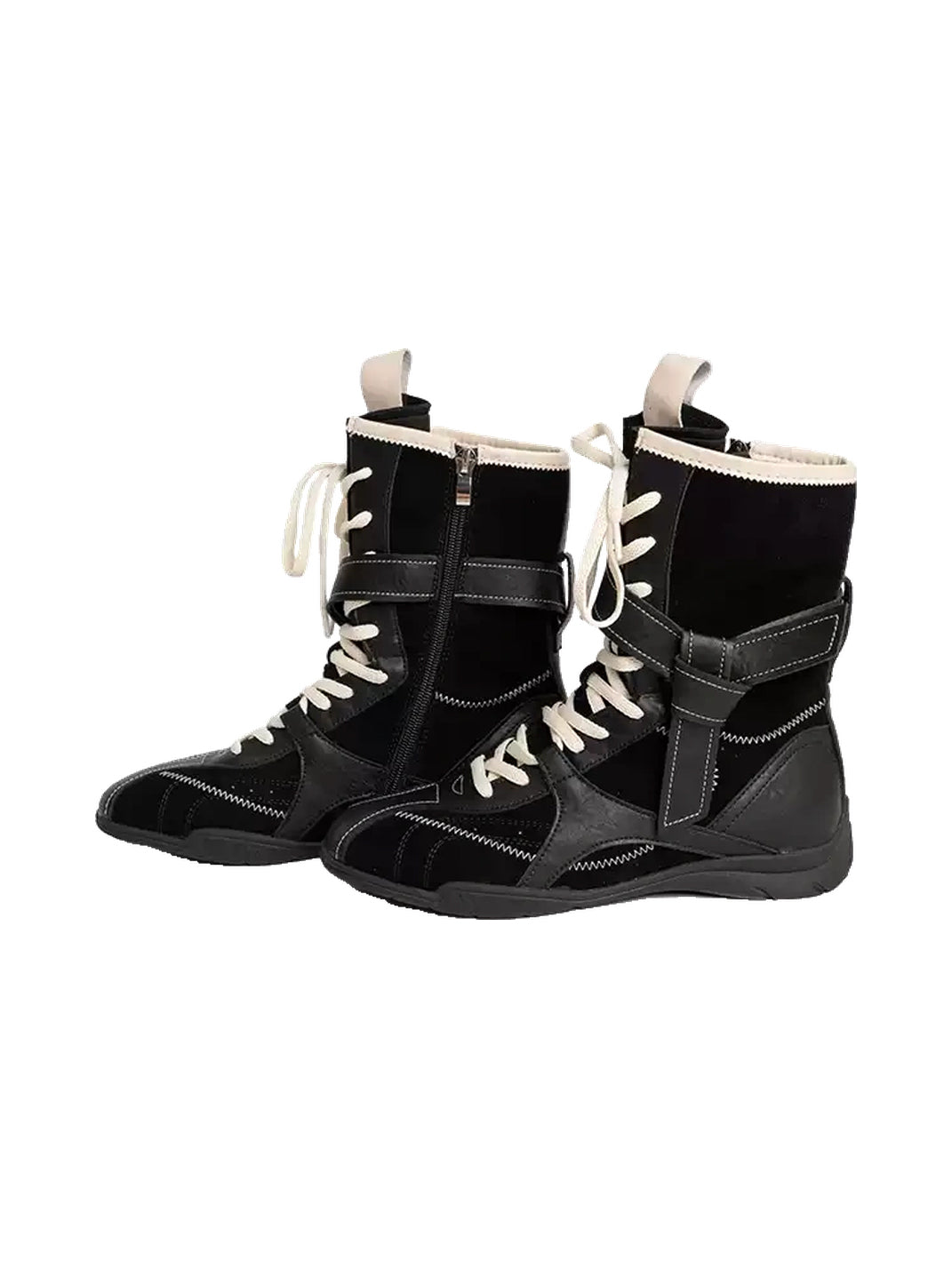 Contrast-Stitch Leather Mid-Calf Lace-Up Boots
