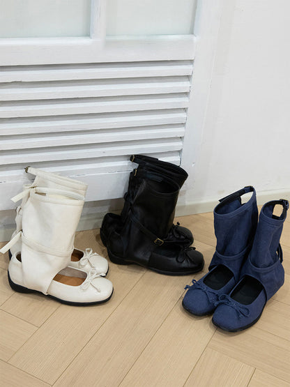 Perforated Leather Mid-Calf Lace-Up Boots