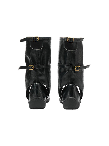 Perforated Leather Mid-Calf Lace-Up Boots