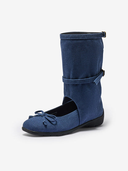 Perforated Leather Mid-Calf Lace-Up Boots