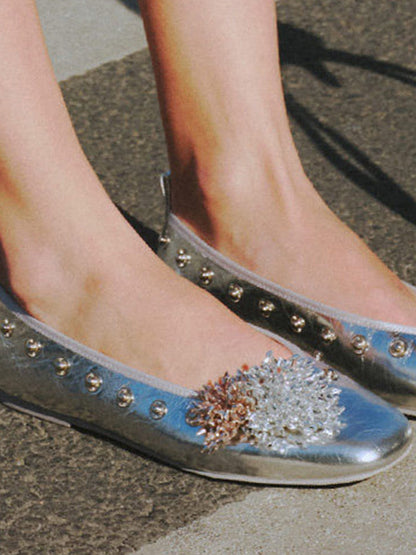 Studded Floral Square-Toe Flats