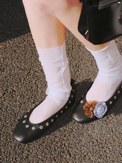 Studded Floral Square-Toe Flats
