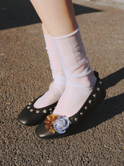 Studded Floral Square-Toe Flats