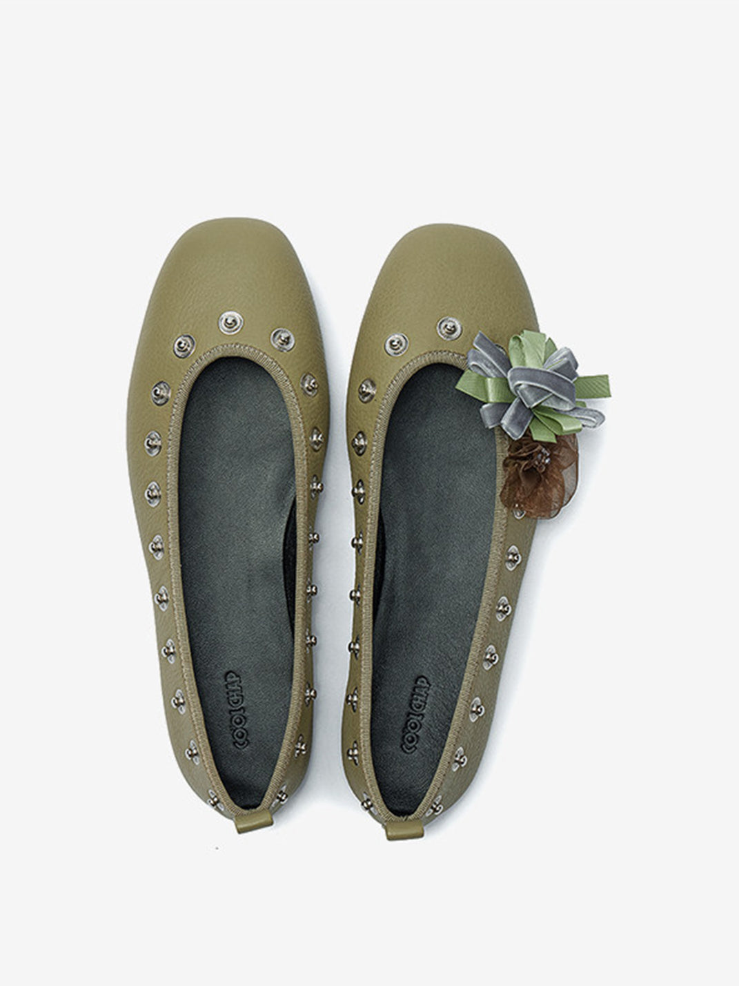 Studded Floral Square-Toe Flats