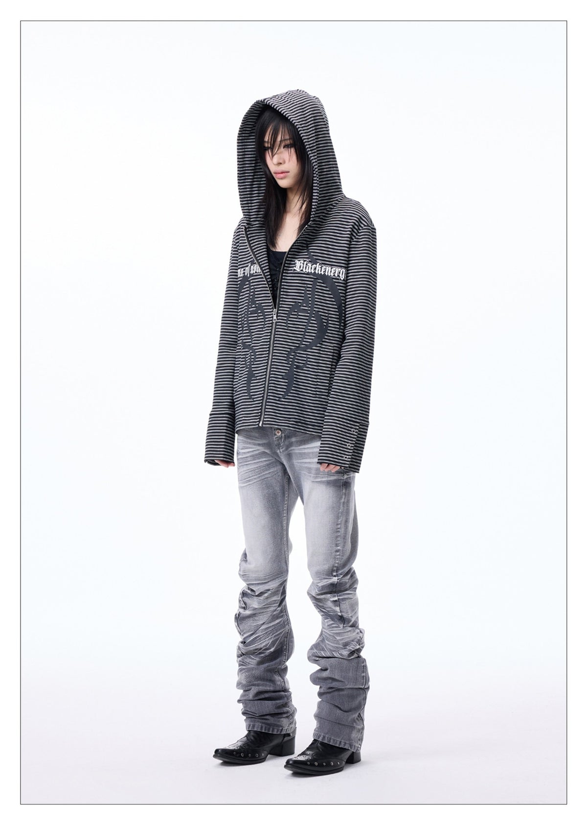Striped Print Hooded Sweatshirt Zip-up Cardigan