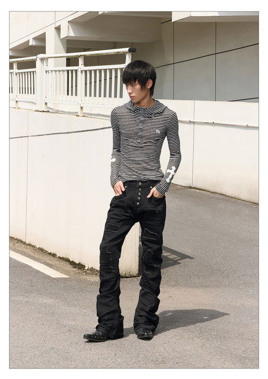 Striped Print Hoodie, Slim Fit, Long Sleeve