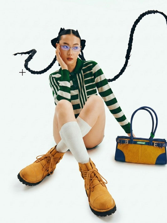 Two-Tone Leather Utility Ankle Boots