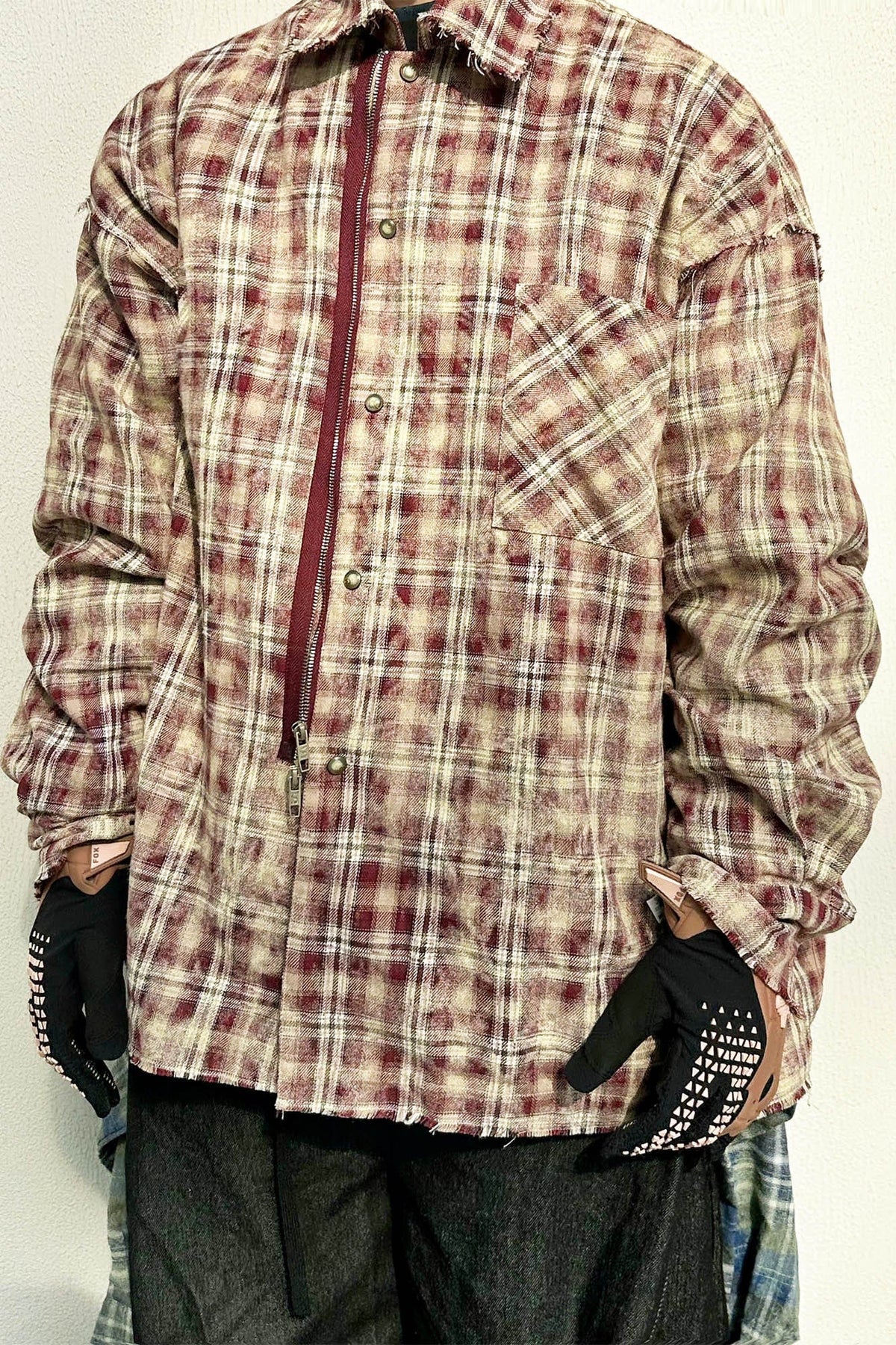 RELABEL Tie-dye Plaid Dual Closure Frayed Shirt