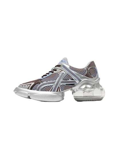 Silver-Blue Mesh Sculpted Runner Sneakers