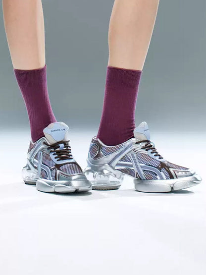 Silver-Blue Mesh Sculpted Runner Sneakers