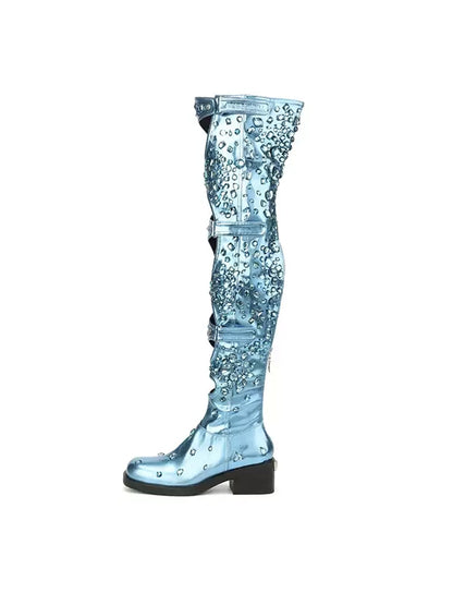 Blue Rhinestone Cutout Over-the-Knee Boots