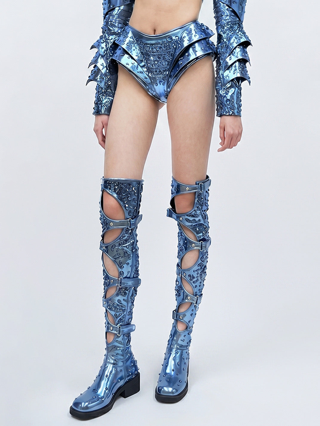 Blue Rhinestone Cutout Over-the-Knee Boots