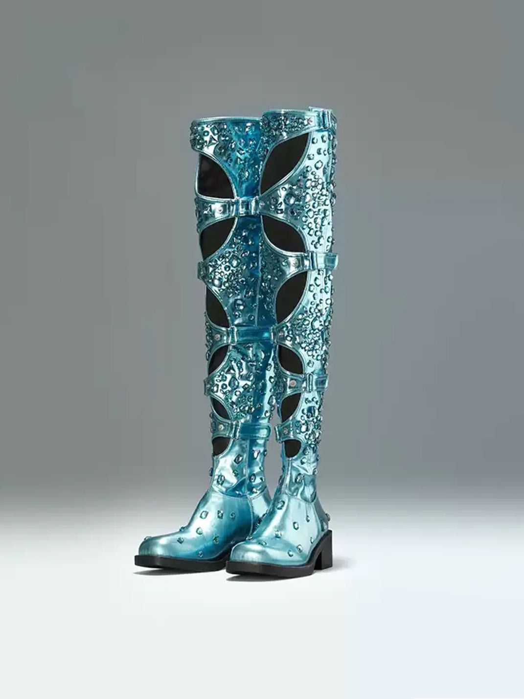 Blue Rhinestone Cutout Over-the-Knee Boots
