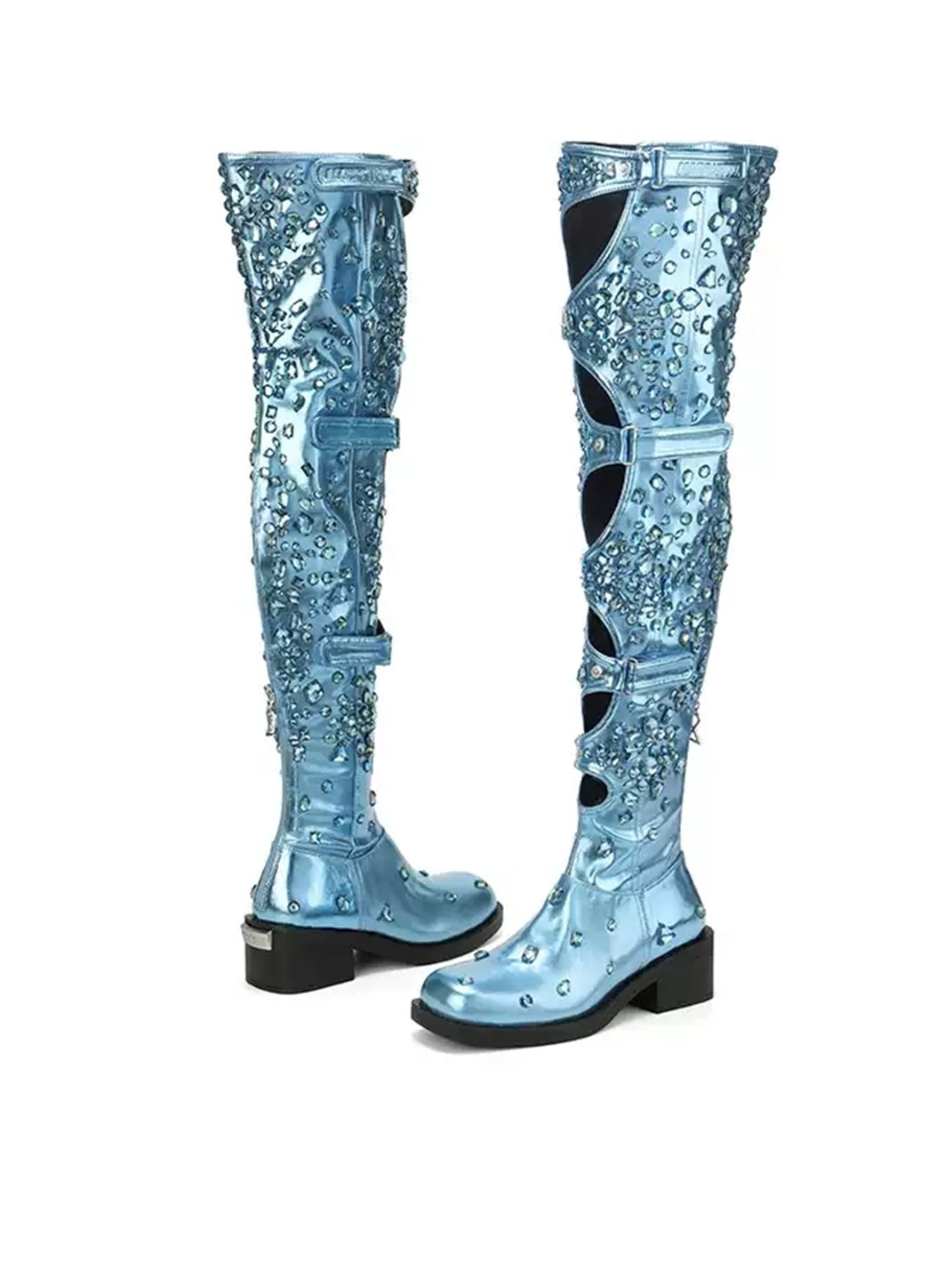 Blue Rhinestone Cutout Over-the-Knee Boots