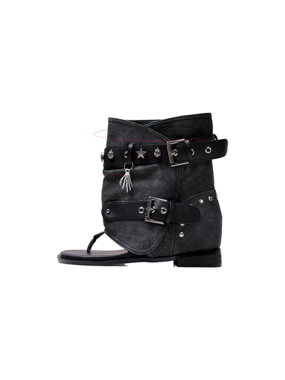 Denim Thong Buckle Ankle Sandal Boots