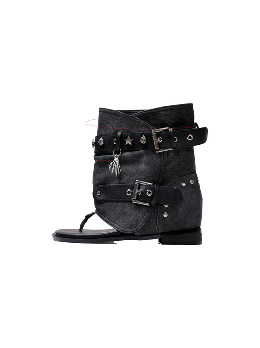 Denim Thong Buckle Ankle Sandal Boots