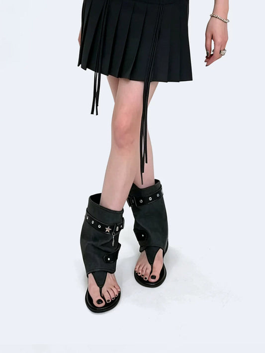 Denim Thong Buckle Ankle Sandal Boots