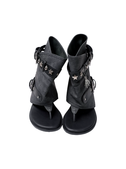 Denim Thong Buckle Ankle Sandal Boots