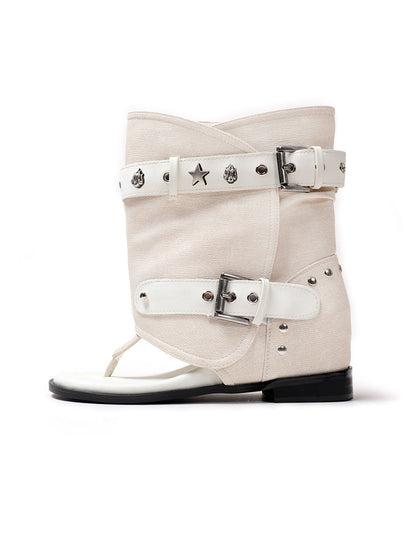 Denim Thong Buckle Ankle Sandal Boots