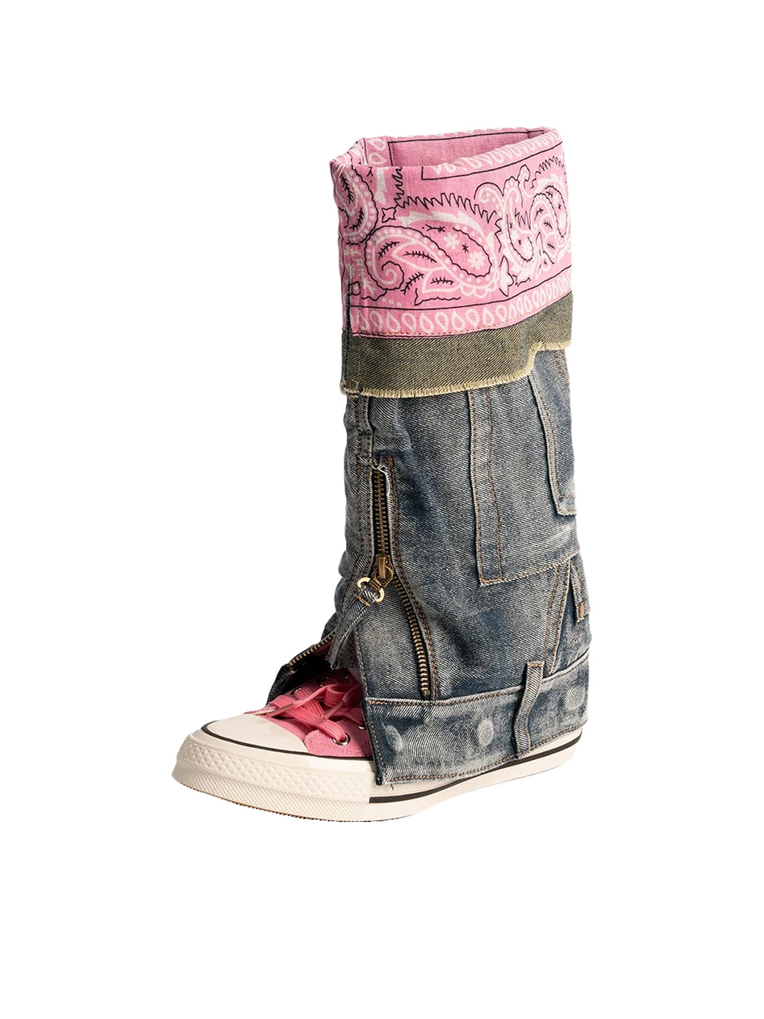 Detachable Denim-Shaft Colorblock Canvas Boots
