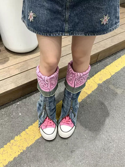Detachable Denim-Shaft Colorblock Canvas Boots