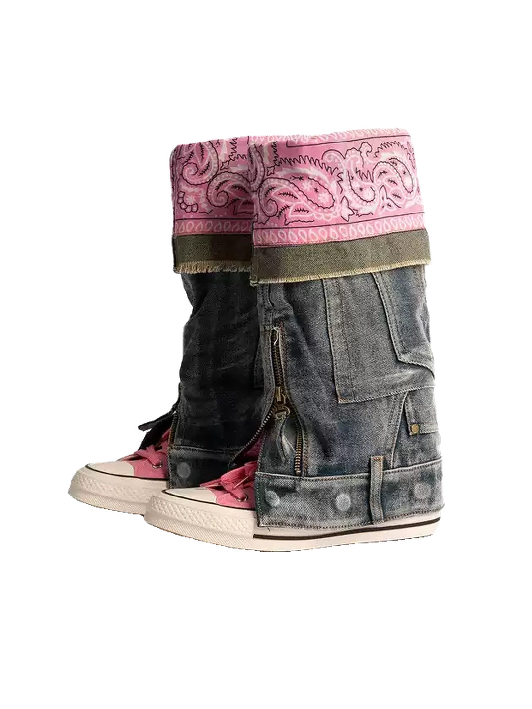 Detachable Denim-Shaft Colorblock Canvas Boots