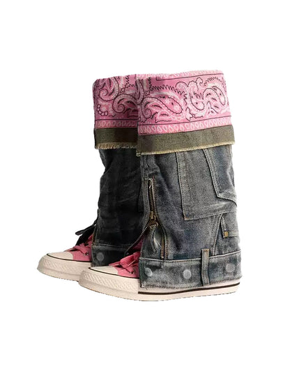 Detachable Denim-Shaft Colorblock Canvas Boots