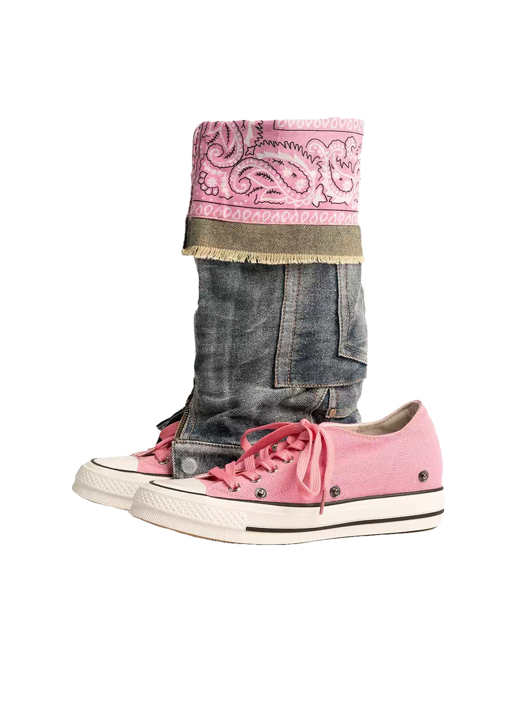 Detachable Denim-Shaft Colorblock Canvas Boots