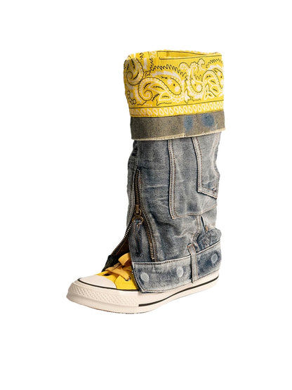 Detachable Denim-Shaft Colorblock Canvas Boots