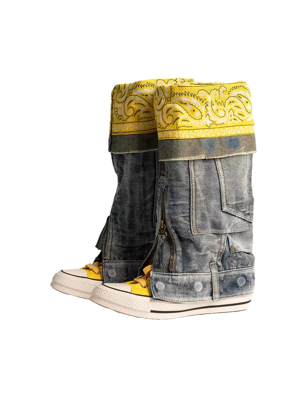 Detachable Denim-Shaft Colorblock Canvas Boots