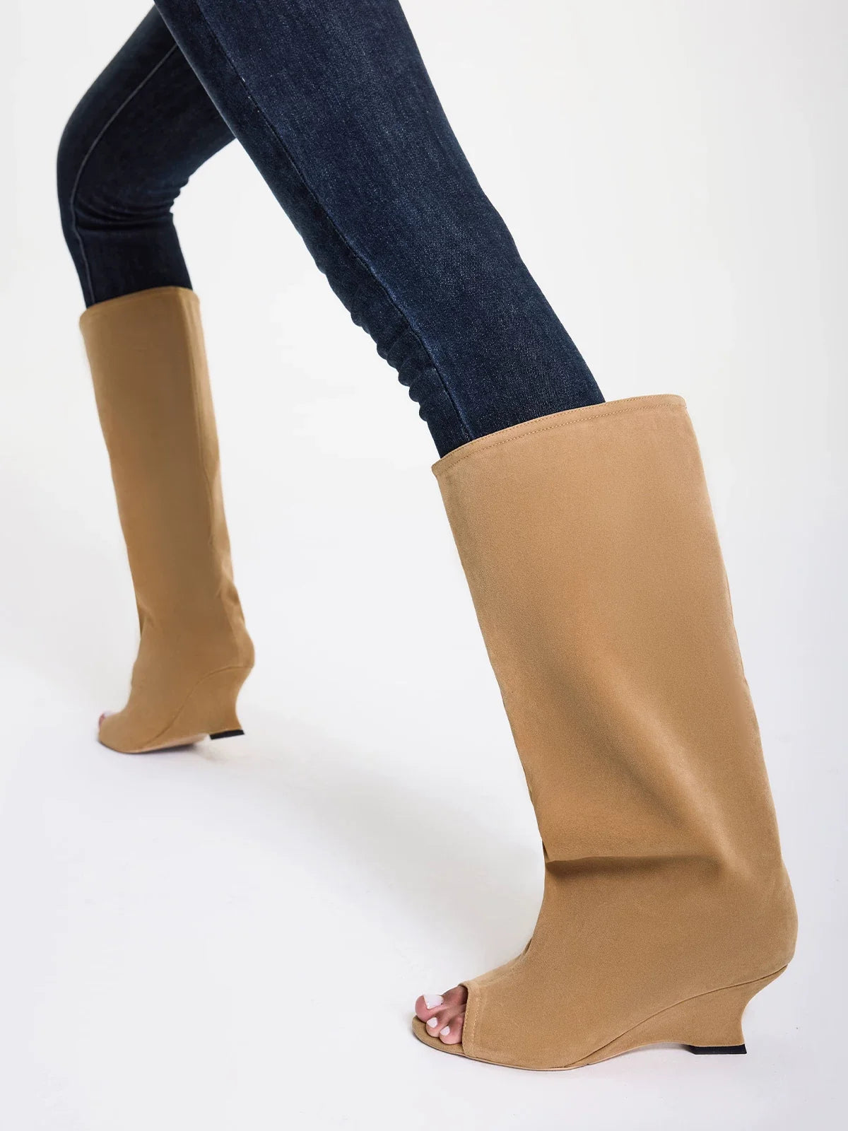 Peep-Toe Wide-Shaft Wedge Boots