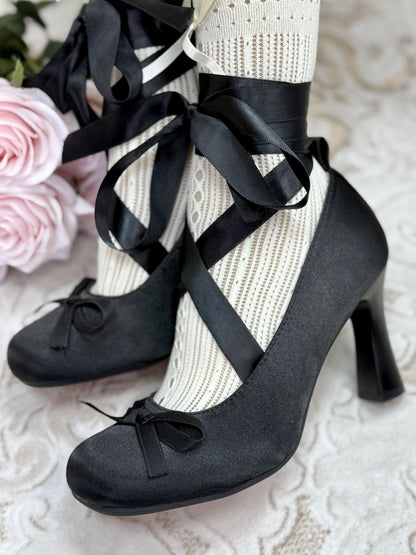 Ribbon-Lace Satin 9cm Bow Pumps