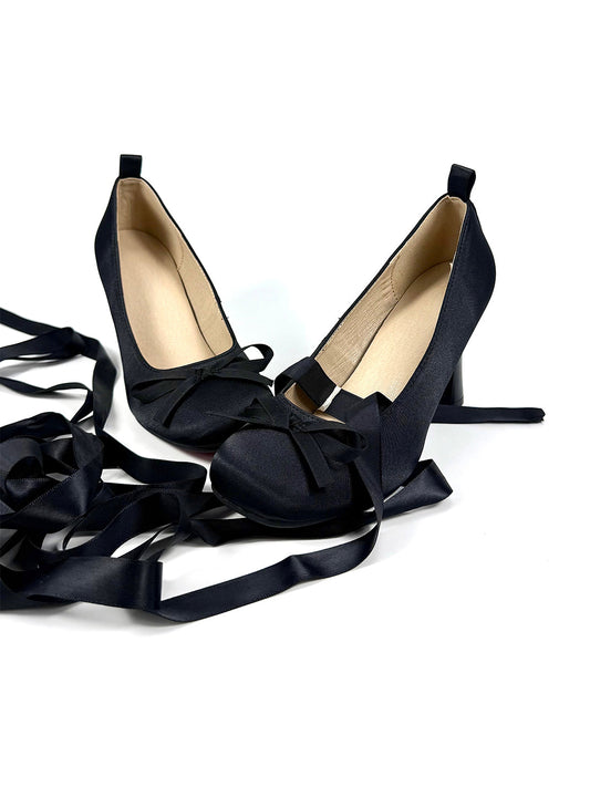 Ribbon-Lace Satin 9cm Bow Pumps