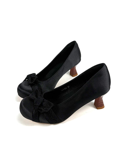 Bow-Toe Sculpted Cup-Heel Satin Pumps