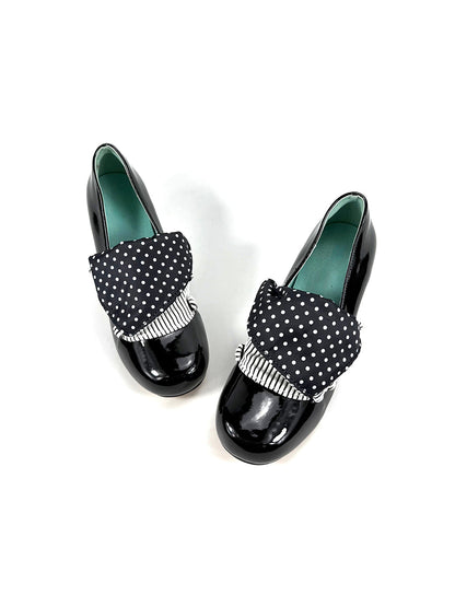 Polka-Dot Bow Patent Mid-Heel Pumps