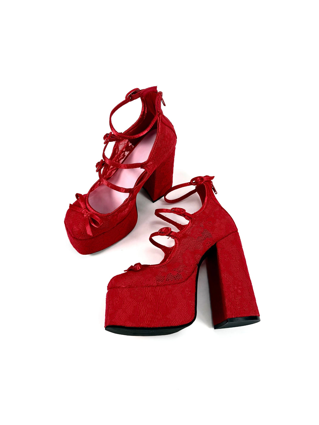 Red Lace-Up Platform Block Heels