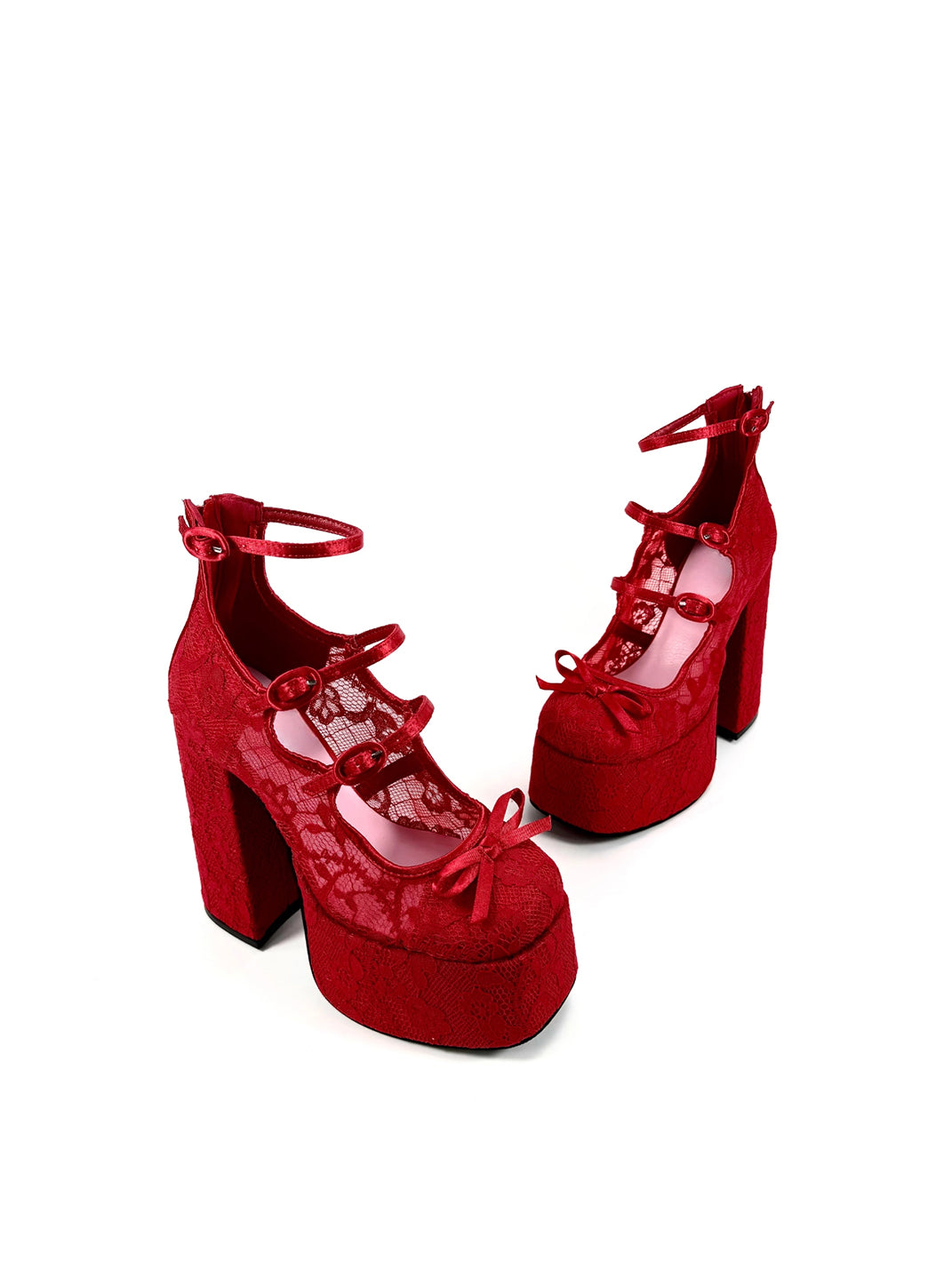 Red Lace-Up Platform Block Heels