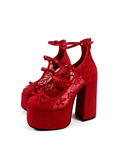 Red Lace-Up Platform Block Heels
