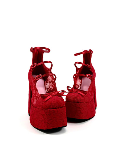 Red Lace-Up Platform Block Heels
