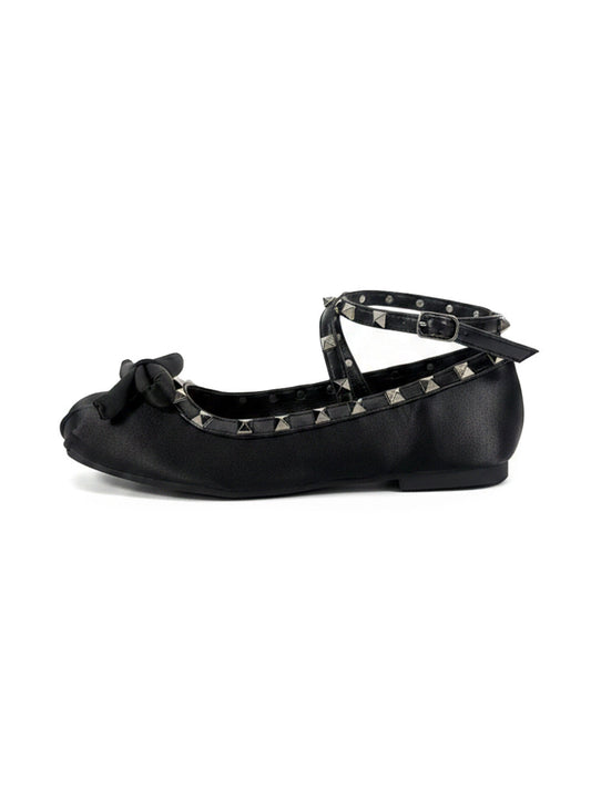 Studded Bow-Lace Satin Ballet Flats