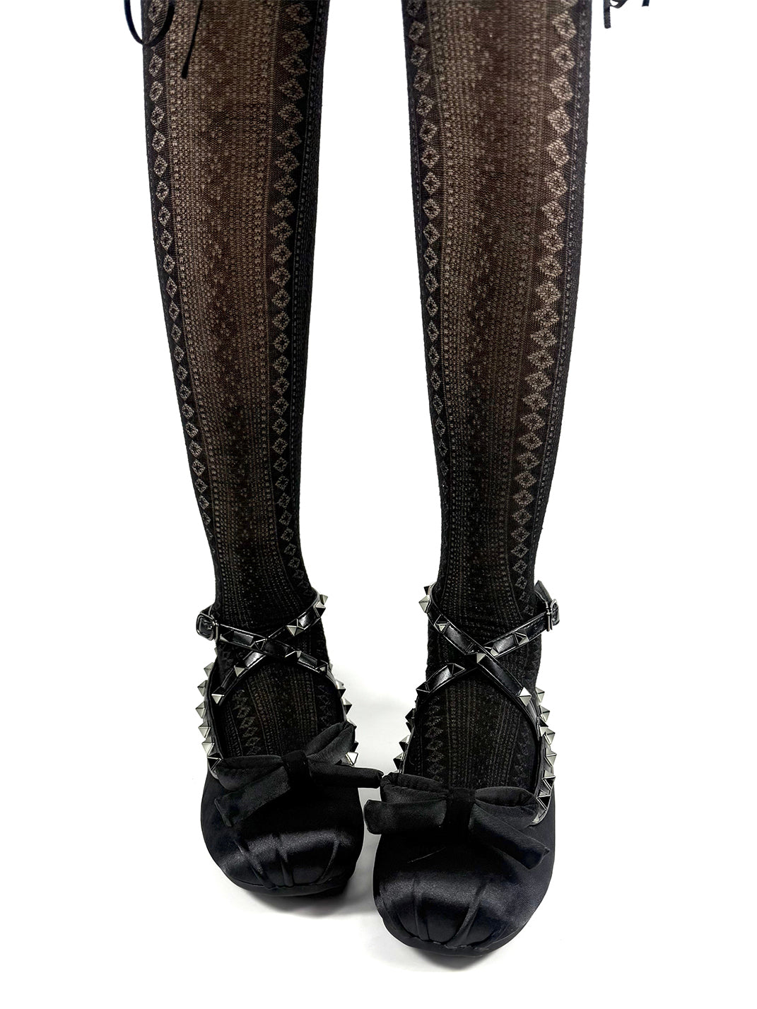 Studded Bow-Lace Satin Ballet Flats