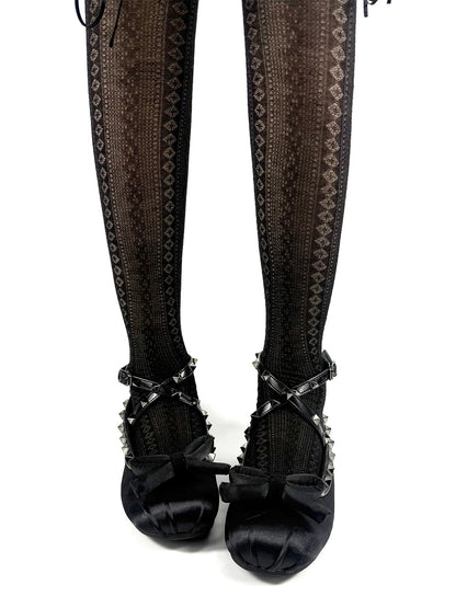 Studded Bow-Lace Satin Ballet Flats